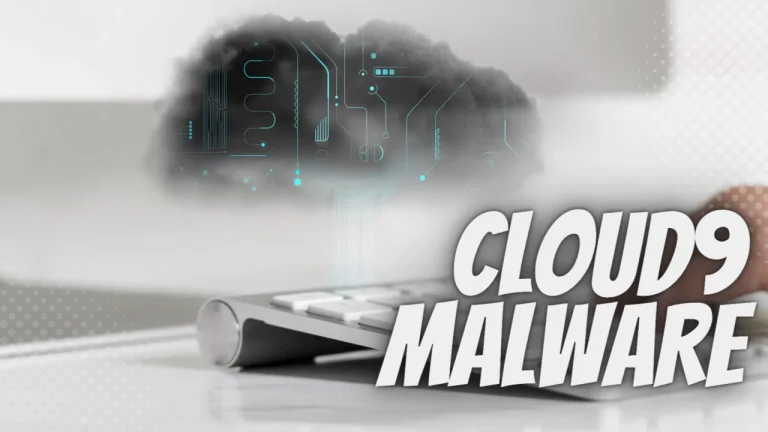 Cloud malware concept: cloud with circuit patterns over a keyboard and the bold 'CLOUD9 MALWARE' text.