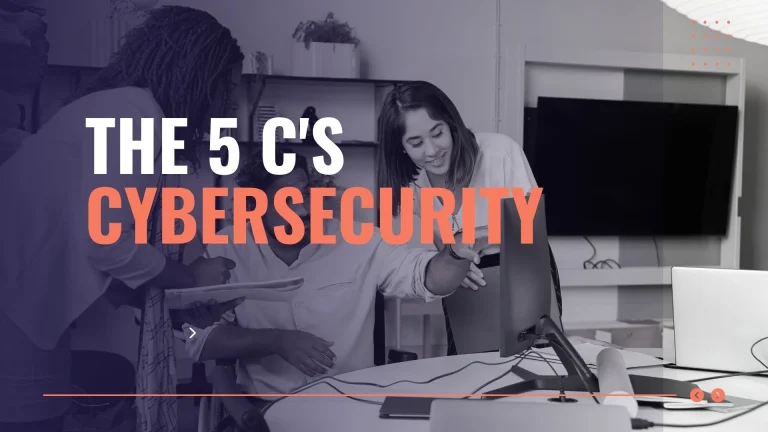 Team of coworkers collaborating at a desk in an office, overlaid with the bold title 'THE 5 C'S CYBERSECURITY' in orange.