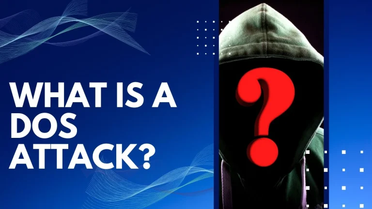 What is a DoS Attack? text with a hooded figure and red question mark on blue background.