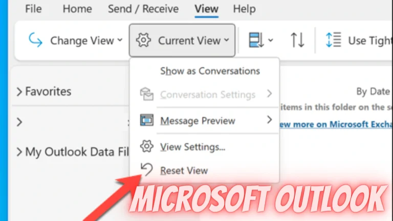 Outlook UI: View tab open, 'Show as Conversations' highlighted with related options like Conversation Settings and Message Preview in the dropdown.