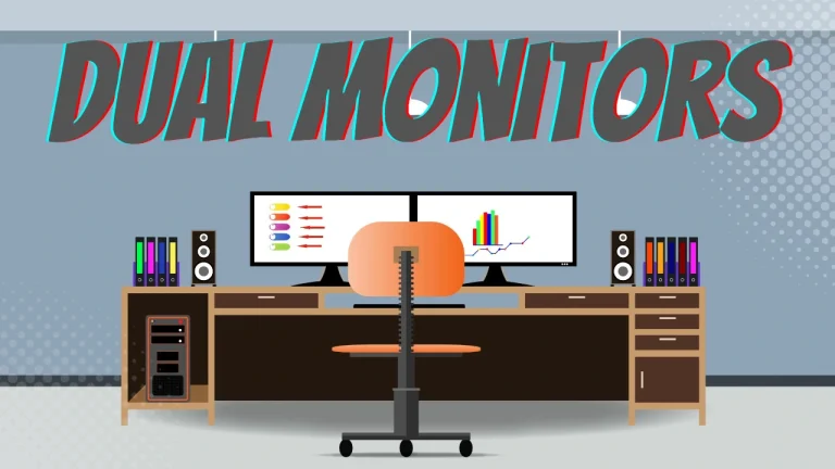 Desk setup with two computer monitors on a wooden desk, a swivel chair, speakers, and colorful binders; 'DUAL MONITORS' banner above (comic style).