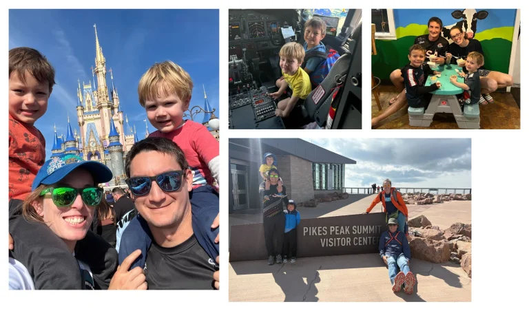 Family selfie in front of a Disney castle on a sunny day with two adults and two kids smiling at the camera.