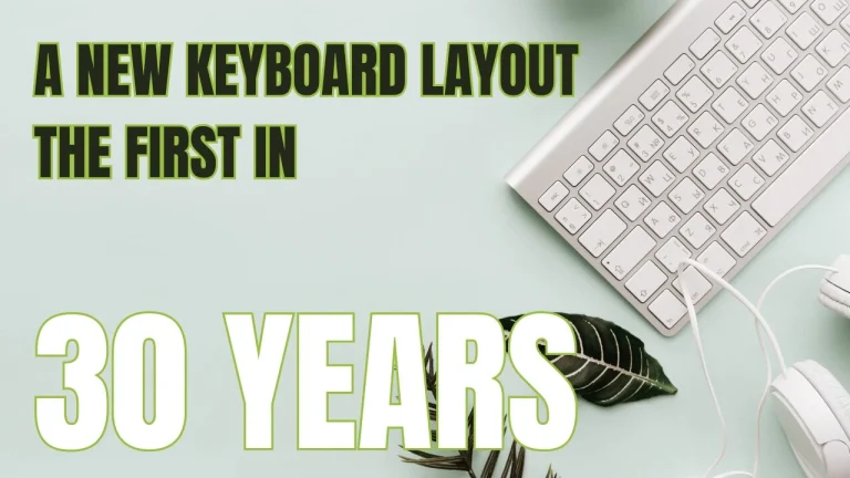 Banner announcing a new keyboard layout, showing a white keyboard and headphones on a pale teal background with large '30 YEARS' text.
