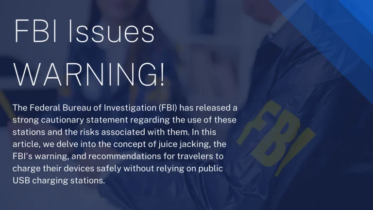 Blue-tinted hero image with the headline 'FBI Issues WARNING!' overlaid and introductory article text about FBI cautions on charging stations and juice jacking.