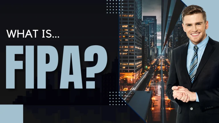 Thumbnail for a video asking 'What is... FIPA?' with a dark left panel and large light-blue 'FIPA?' text, and a smiling man in a suit beside a cityscape on the right.