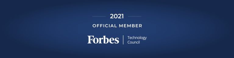 2021 Forbes Technology Council official member badge on a dark blue gradient background