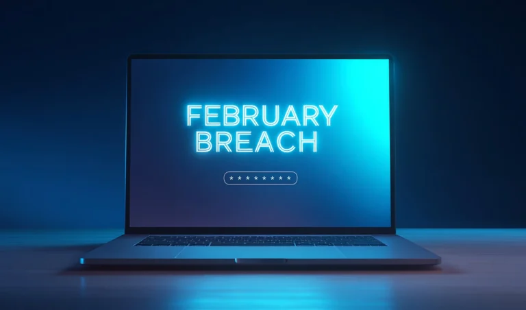 Laptop screen shows neon blue text 'FEBRUARY BREACH' with a password field of asterisks beneath, set against a dark blue background.
