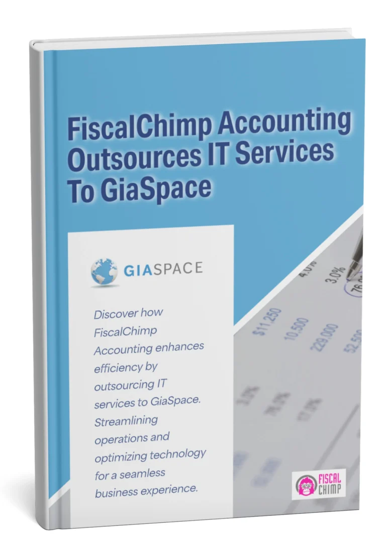 Book cover: 'FiscalChimp Accounting Outsources IT Services To GiaSpace' with logo