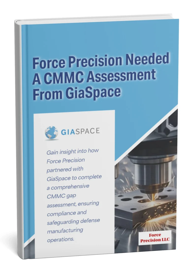 Blue book cover titled 'Force Precision Needed: A CMMC Assessment From GiaSpace' with GiaSpace logo visible on white panel.