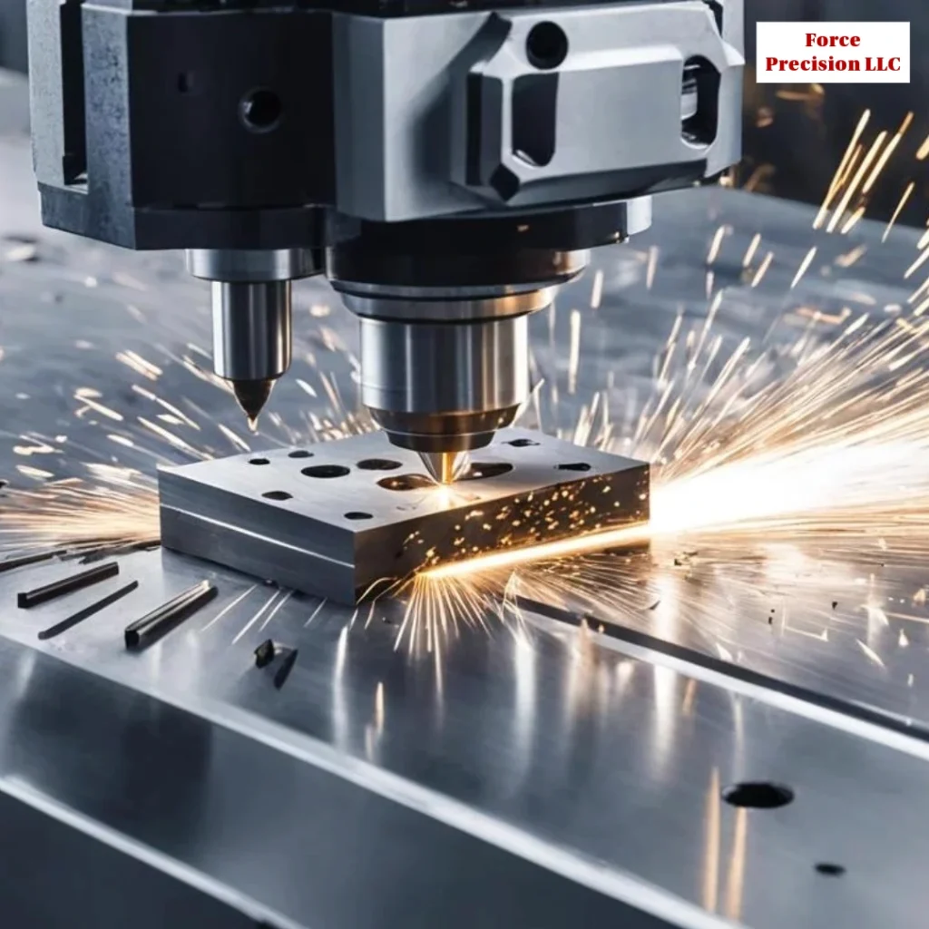 CNC milling machine cutting a metal block with bright sparks flying around the workpiece (industrial metalworking scene).