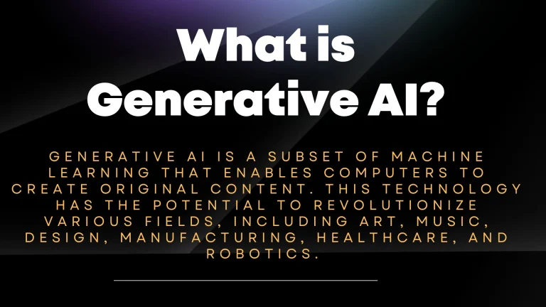 White title 'What is Generative AI?' with an orange paragraph introduction on a dark diagonal backdrop, explaining the concept.