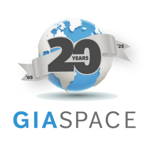 Global anniversary emblem: blue-and-white globe with a silver ribbon wrapping around it that reads'20 YEARS'.
