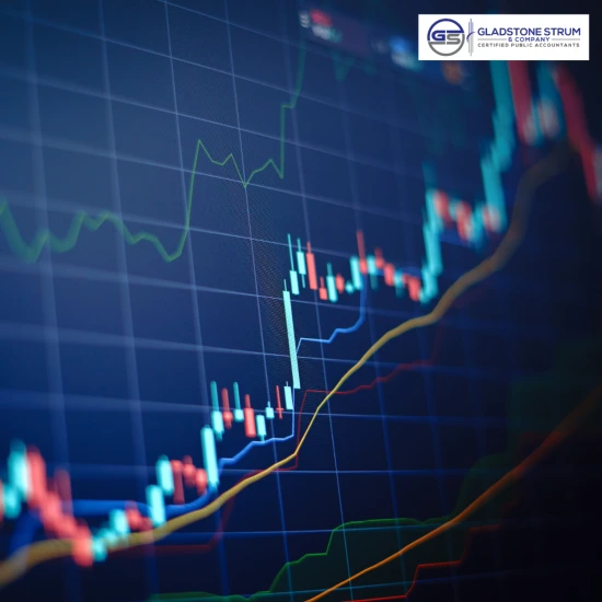 Close-up of a financial chart with candlesticks and colored trend lines showing rising prices; Gladstone Strum logo top-right.