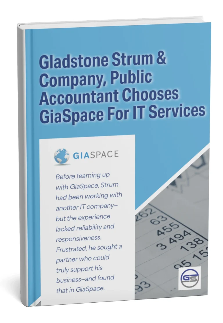 Blue book cover with bold title about a public accountant choosing GiaSpace for IT services and a GiaSpace logo.