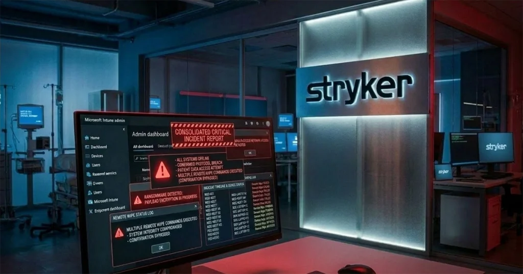 High-tech security operations room with blue lighting and a large monitor showing red alert banners labeled Consolidated Critical Incident Report near a Stryker branding wall.