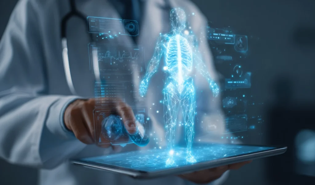 Medical professional interacting with a holographic human body projected above a tablet to review patient data.