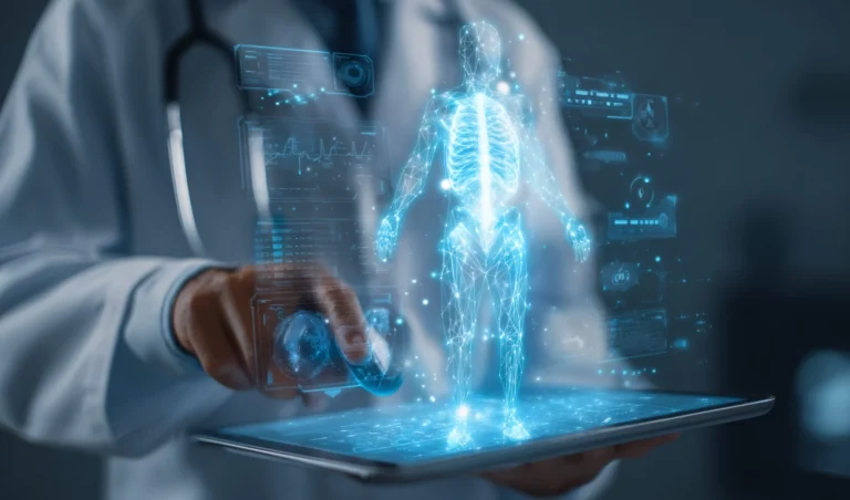 Medical professional interacting with a holographic human body projected above a tablet to review patient data.