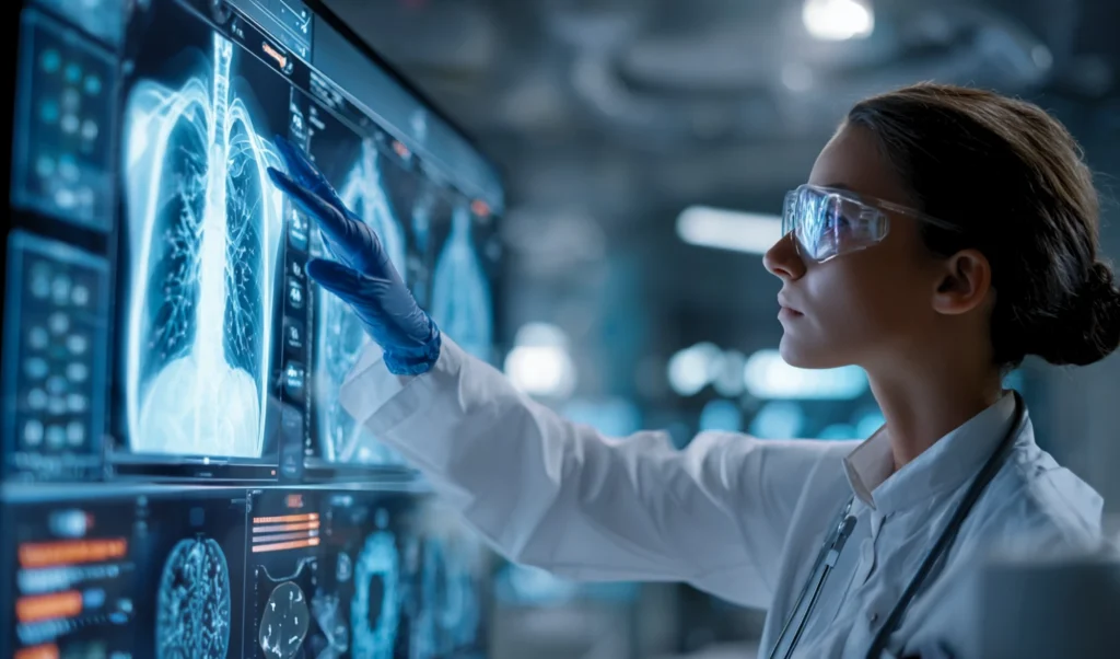 Female scientist in protective goggles points at X-ray images on a large monitor in a lab setting.
