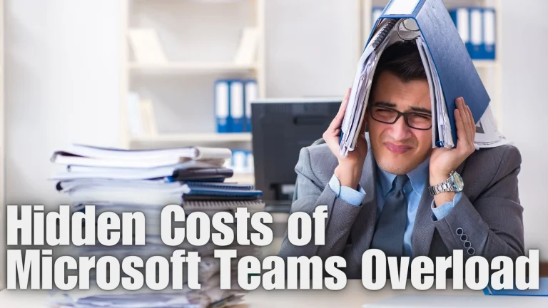 Overwhelmed office worker wearing a binder on his head amid a stack of papers, illustrating hidden costs of Microsoft Teams overload.