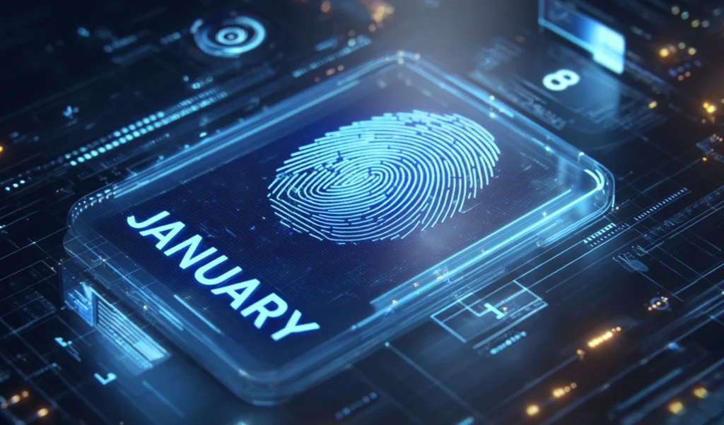 Close-up of a transparent smartphone-style device displaying a glowing fingerprint scan and the word JANUARY on a blue, high-tech circuit background.