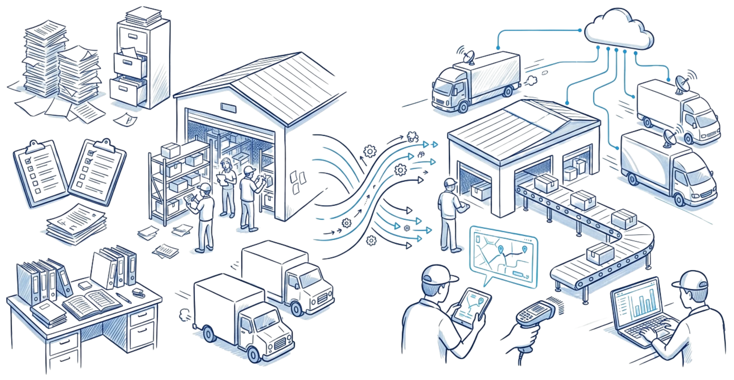 Smart factory diagram showing warehouses, assembly line, conveyors and IoT sensors coordinating logistics.