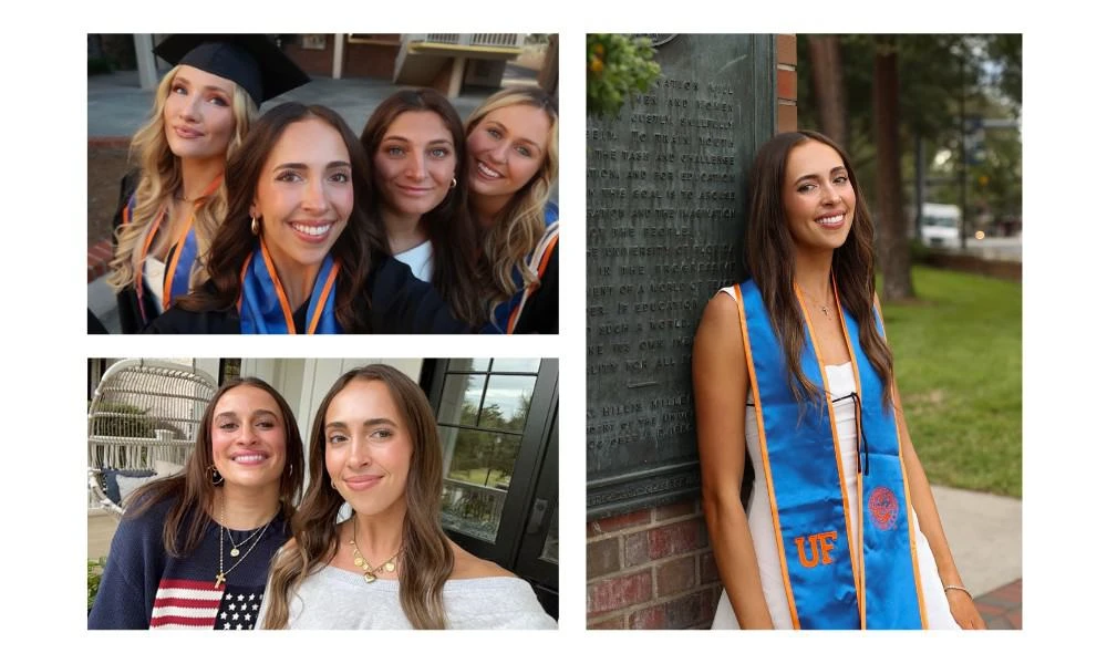 Collage of four graduates wearing blue and orange stoles, posing and smiling on campus.