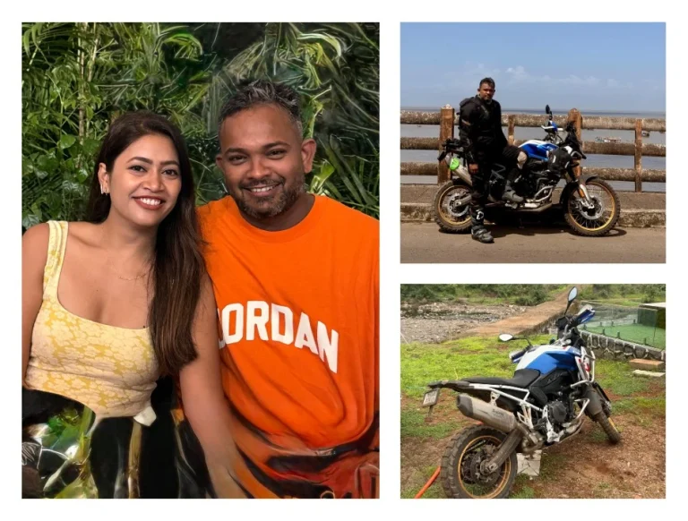 A collage: left panel shows a smiling couple posing together; right panels show two motorcycles with riders—top-right a rider in gear beside a blue bike by a seaside railing, bottom-right a blue adventure motorcycle parked on grassy dirt terrain.