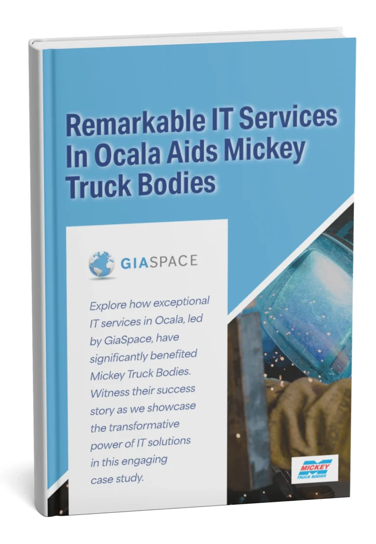 Book cover: 'Remarkable IT Services In Ocala Aids Mickey Truck Bodies' with GiaSpace logo on a blue background (informational).