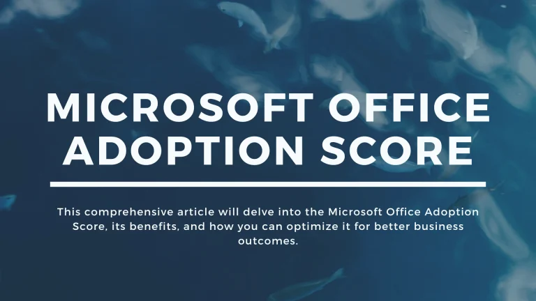 Title banner reading 'MICROSOFT OFFICE ADOPTION SCORE' on a blue abstract background with supporting caption text beneath.