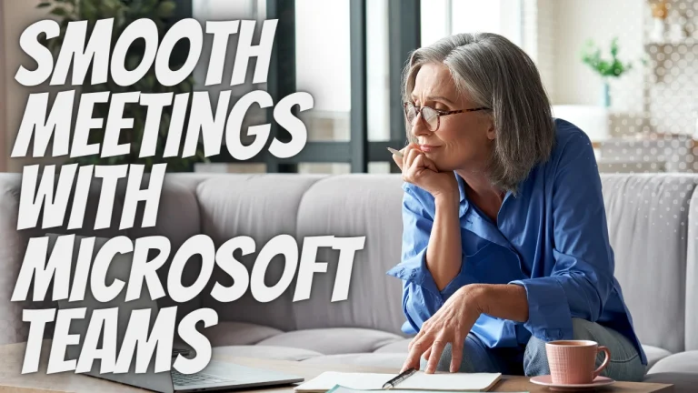 Promotional banner reading 'Smooth meetings with Microsoft Teams' with a woman on a sofa using a laptop nearby coffee mug at home.