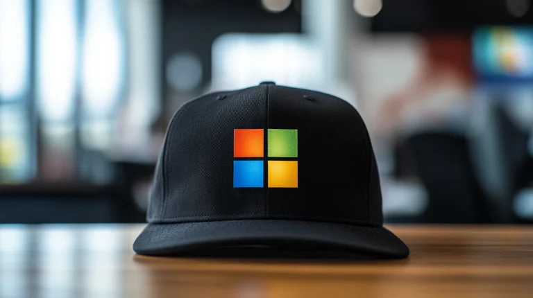 Black baseball cap with a colorful Microsoft logo on a wooden table in a blurred office setting.