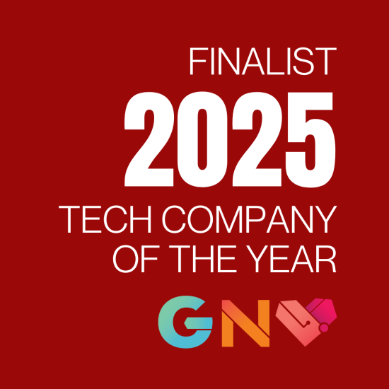 Red award badge reading 'Finalist 2025 Tech Company of the Year' with a multicolor logo at the bottom on a solid red background.