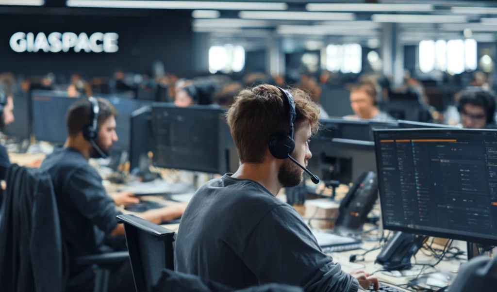 Open-plan tech office with multiple workers wearing headsets at computer desks.