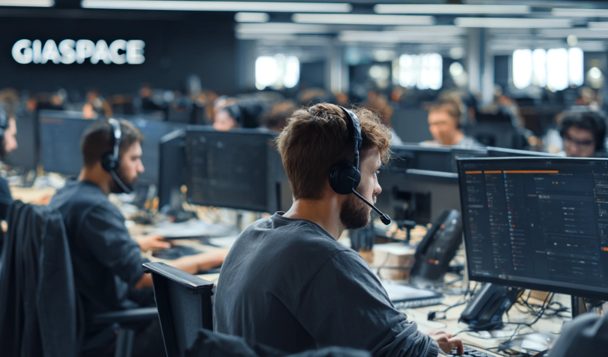 Open-plan tech office with multiple workers wearing headsets at computer desks.