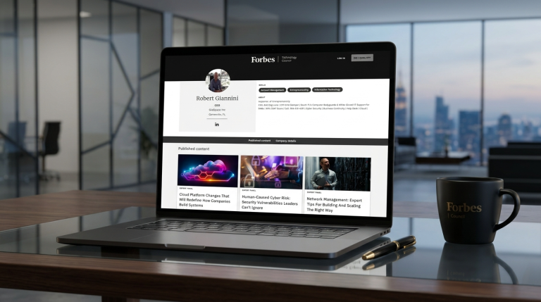 Laptop on a desk showing a Forbes profile page with articles, beside a Forbes mug.