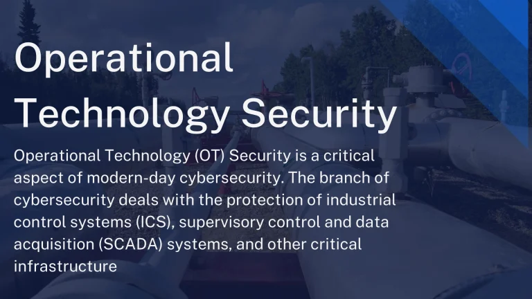Hero banner with dark blue overlay showing the title 'Operational Technology Security' in large white text and a paragraph about OT security over background image of industrial pipes and valves.