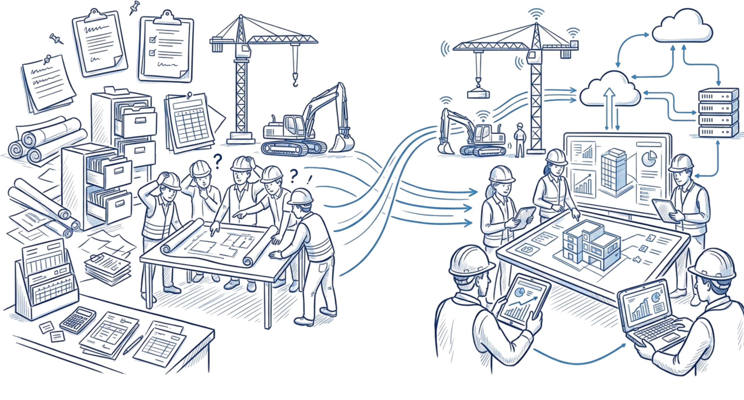 Complex illustration of an industrial production line linking construction, machinery, and cloud data networks.
