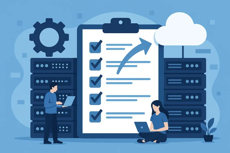 Large checklist on a clipboard surrounded by server racks and a cloud icon with two people working on laptops.