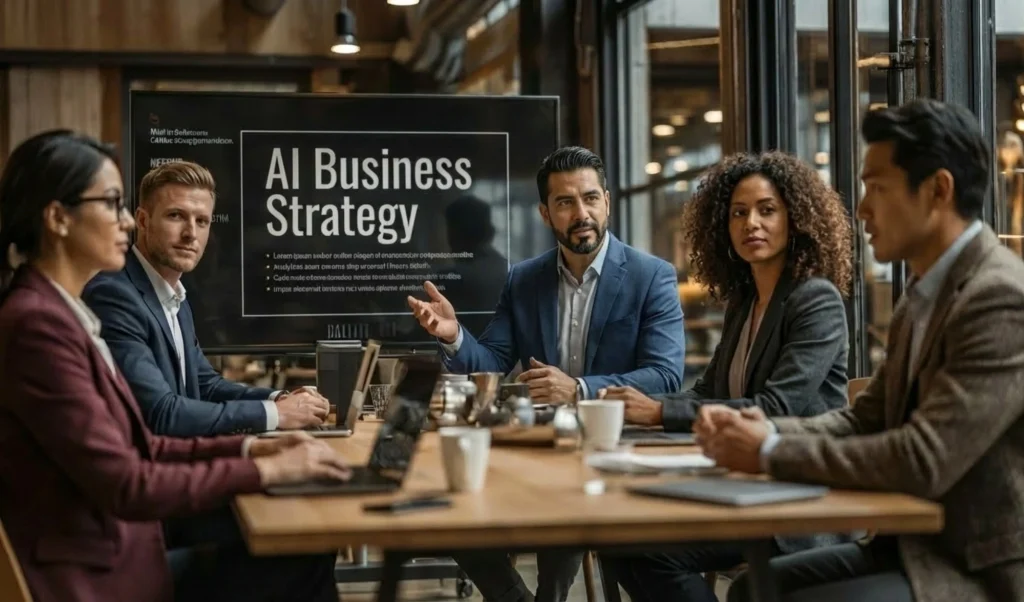 Group of professionals in a meeting around a wooden table, presenting an 'AI Business Strategy' slide on a screen behind them