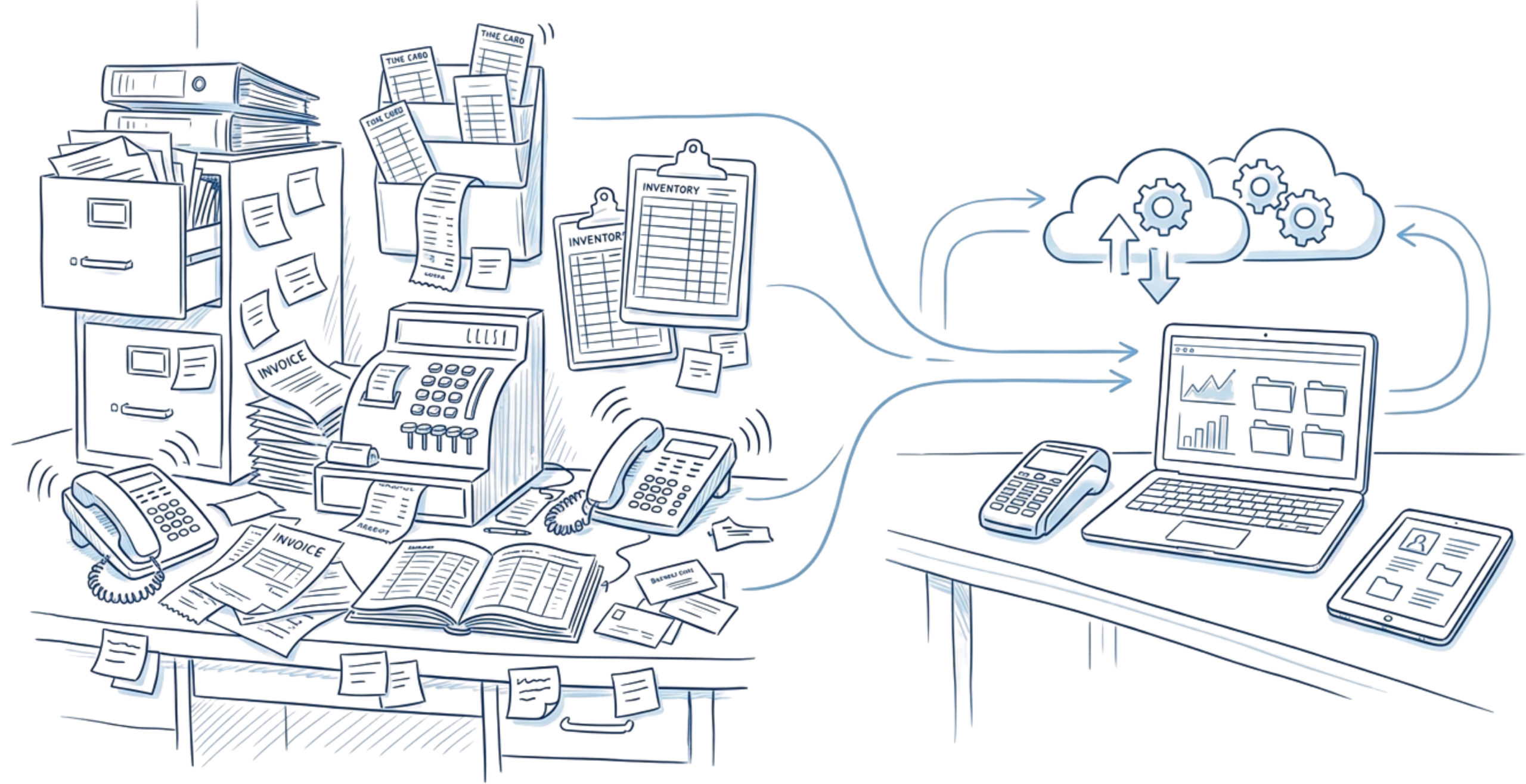 Messy desk with piles of papers, phones, and a printer, connected to a laptop showing cloud data flow and charts on screen.
