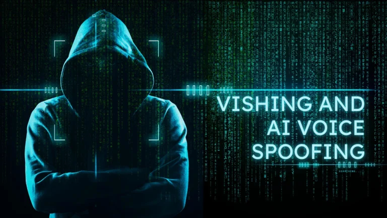 Hooded hacker silhouette against a blue-green digital code background with the title 'VISHING AND AI VOICE SPOOFING'.