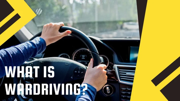Hands gripping a car steering wheel inside a dashboard, with bold yellow geometric shapes and the headline 'What is wardriving?' overlaid