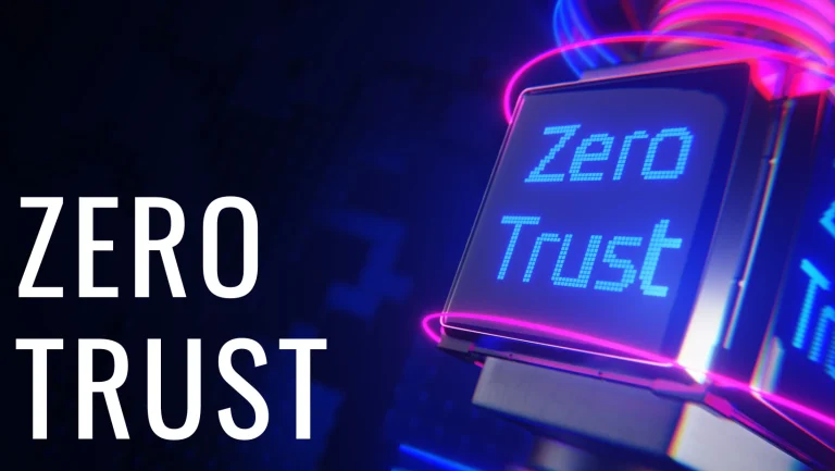Bold white text reads 'ZERO TRUST' on a dark background, with a neon-lit monitor displaying 'Zero Trust' in blue pixels to the right, conveying security concept.