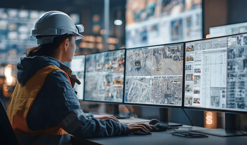 Engineer in a hard hat and safety jacket watches multiple large monitors displaying maps and site images in a control room environment.