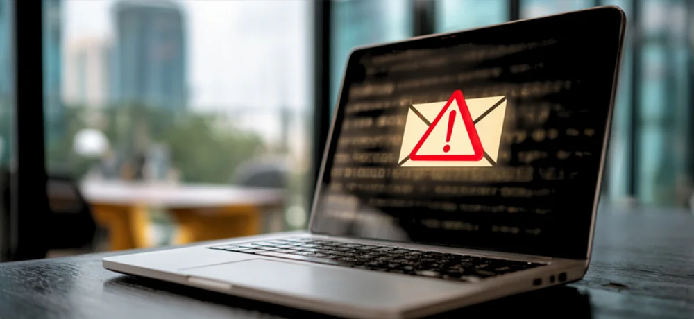 Laptop on a desk showing a red warning triangle on the screen, signaling a cybersecurity alert or error.