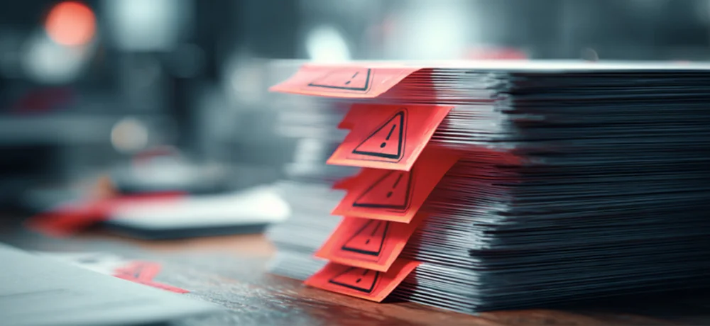 Stack of orange warning-tag papers with exclamation marks stacked on a desk, suggesting alerts or cautions