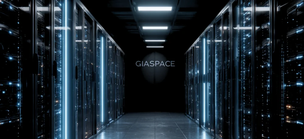 Data center corridor with rows of illuminated server racks and blue LED lights, GIASPACE logo on the back wall.