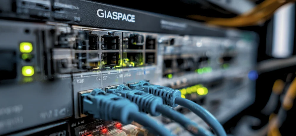 Network equipment rack with blue Ethernet cables plugged into switch ports labeled GIASPACE behind green indicator lights