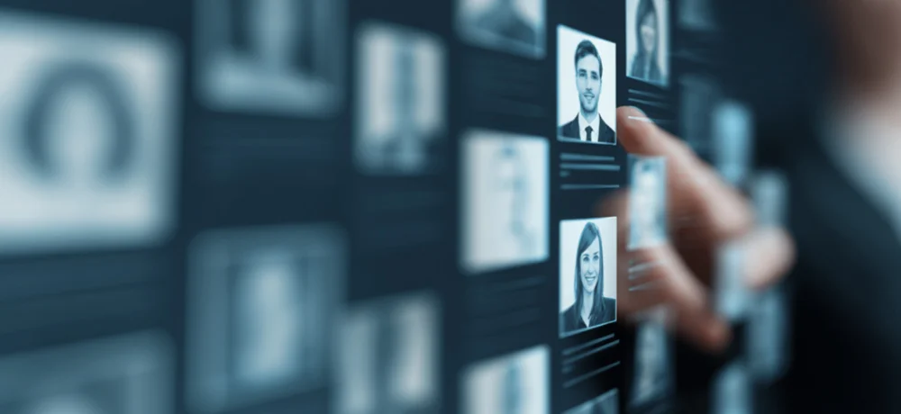 Hand reaching toward a portrait on a digital wall of employee headshots, resembling an interactive profile board (blurred background).