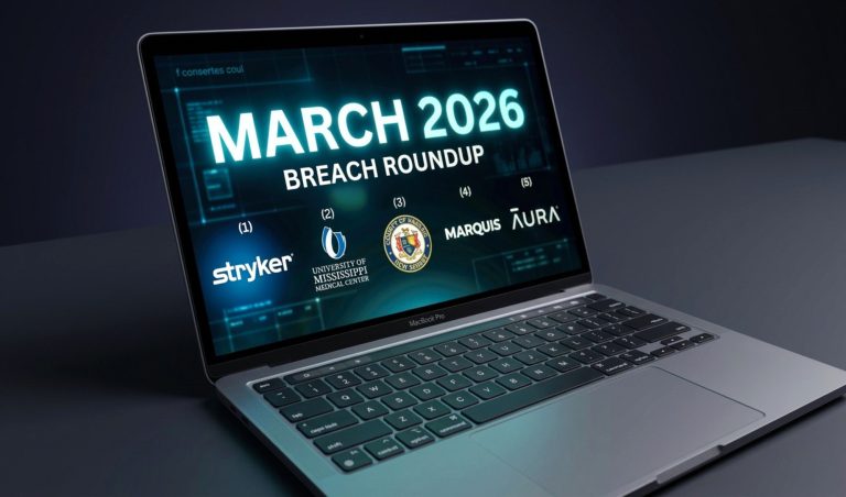 Laptop screen showing 'MARCH 2026 BREACH ROUNDUP' with sponsor logos (Stryker, University of Mississippi Medical Center, Marquis, Aura)